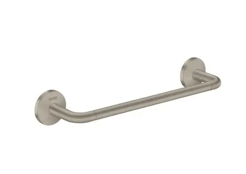 Haltestange aus Metall in gebürstetem Nickel-Finish, montiert an zwei runden Wandplatten. Markierung "AXOR" sichtbar.
